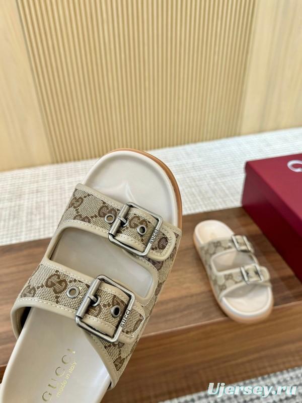 2025 Women Gucci Beige Canvas Leather Slippers LY00360