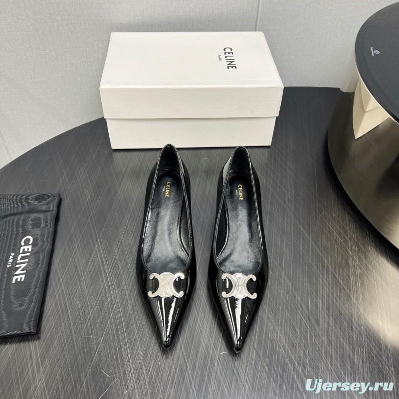 2025 Women Celine Black Patent Leather Pointed Toe Buckle Pumps KFY00290