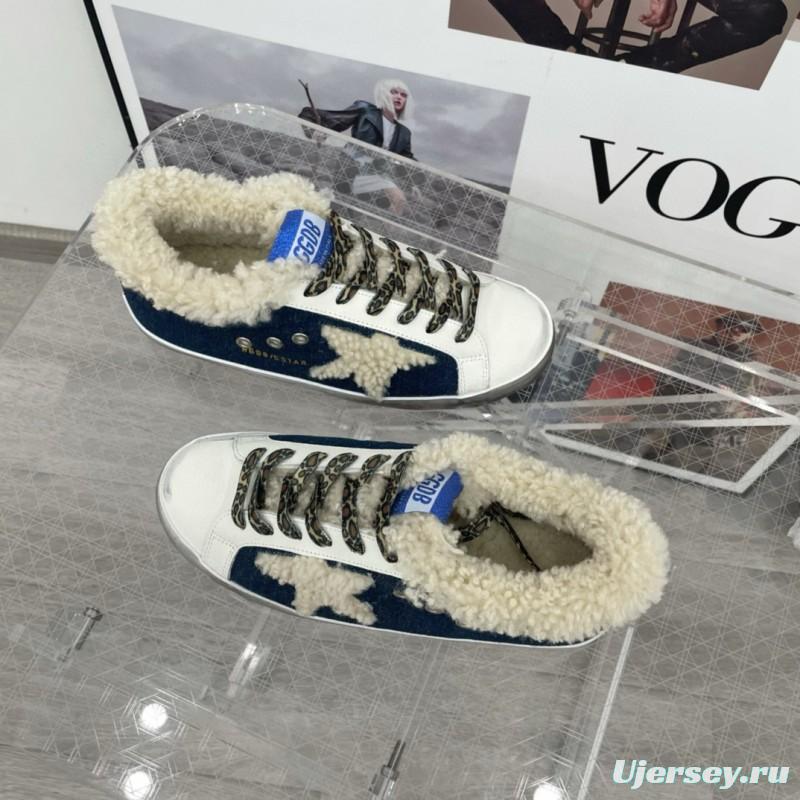 2025 Women GGDB White Navy Blue Leather Shearling Sneakers