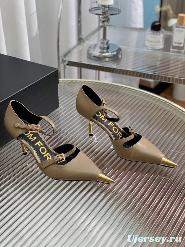 2025 Women TOM FORD Beige Leather Pointed Toe Metal Tip Pumps KFY00320