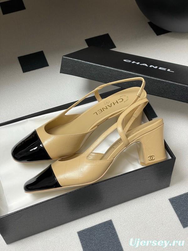 2025 Women Chanel Beige Black Leather Sling-back Classic Heel