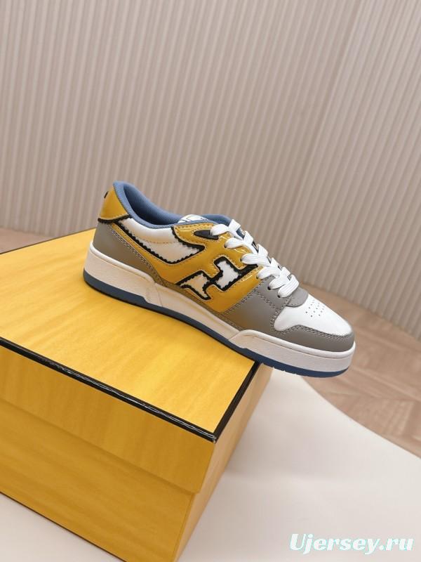 2025 Unisex Fendi White Yellow Grey Leather Sneakers FD Match LY00360(F)/LY00370(M)