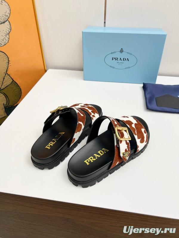 2025 Slippers Prada Brown White Leather Cow Print LY00260