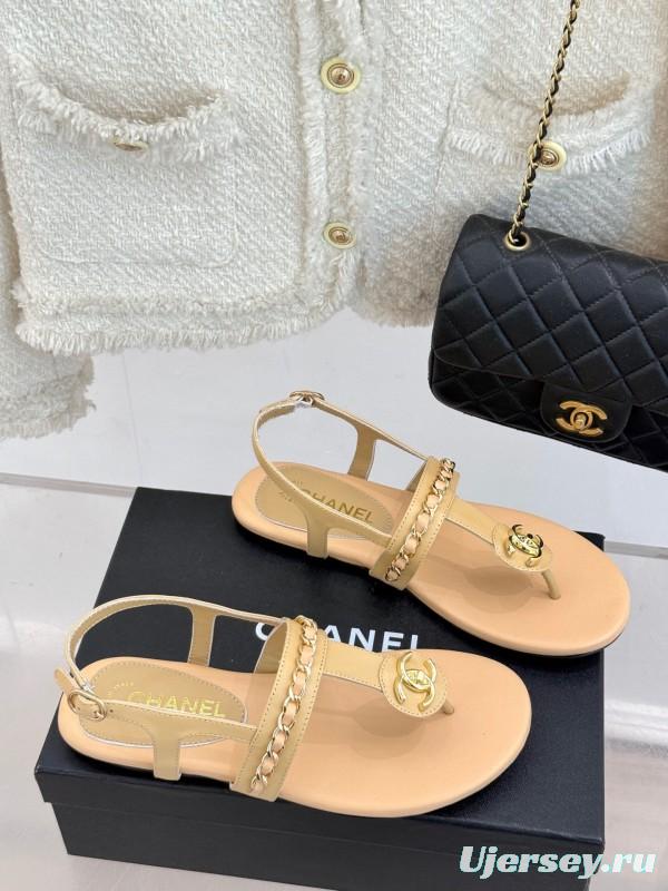 2025 Women Chanel Apricot Leather Sandals KFY00250