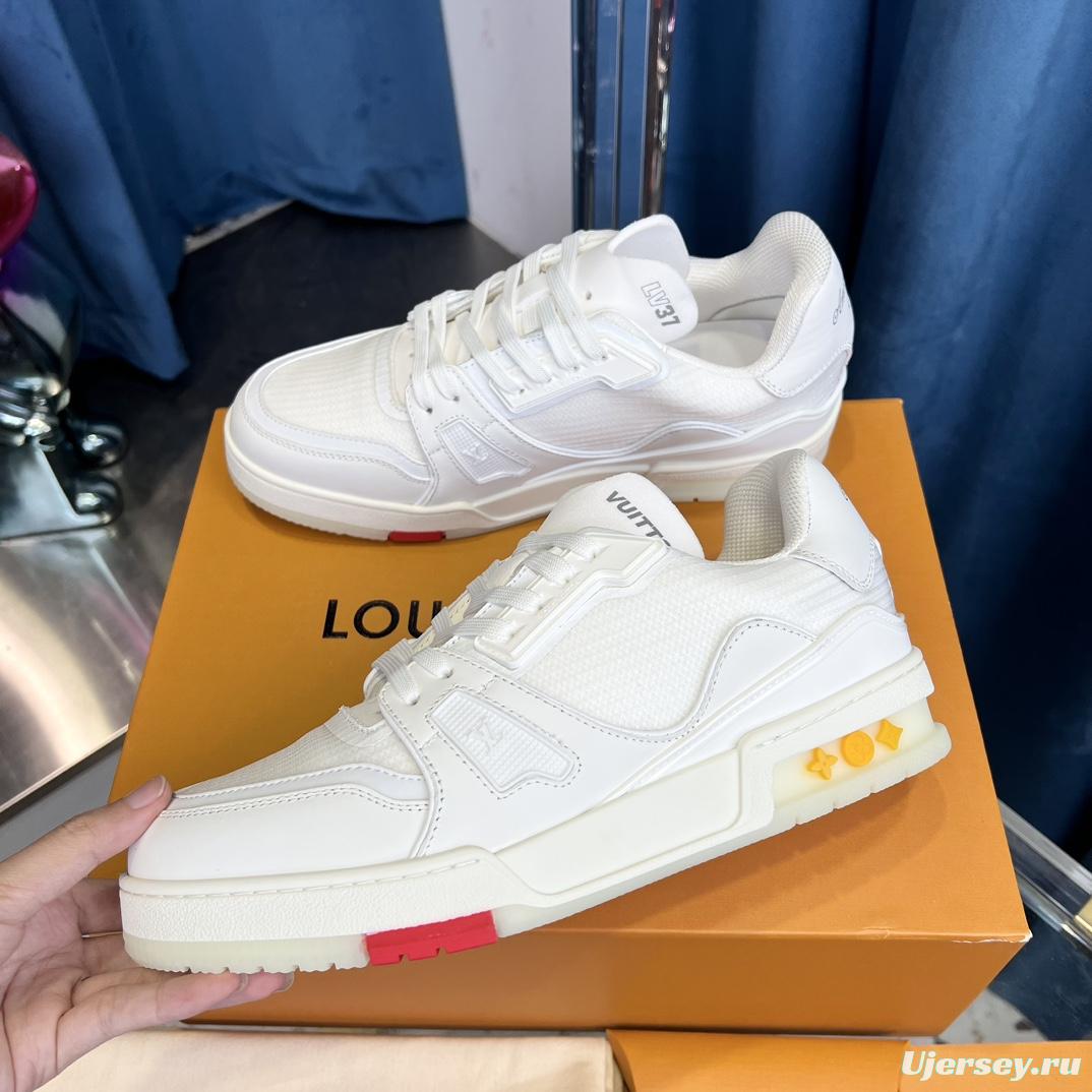 2025 Unisex Louis Vuitton White Calf Leather Mesh Trainer TPU Plimsolls Goodyear Welt