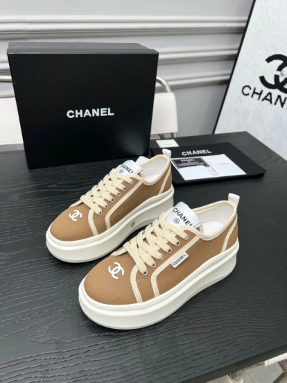 2025 Women Chanel Beige Canvas Leather Sneakers Collaboration LY00250