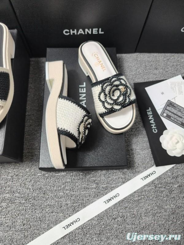 2025 Slippers Chanel Black White Fabric Camellia LY00000