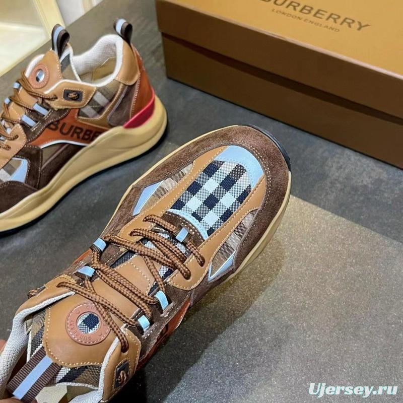 2025 Unisex Burberry Brown Beige Suede Leather Mesh Sneakers Checked Pattern MX00380