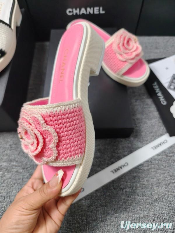 2025 Slippers Chanel Pink Straw Slide Floral LY00360