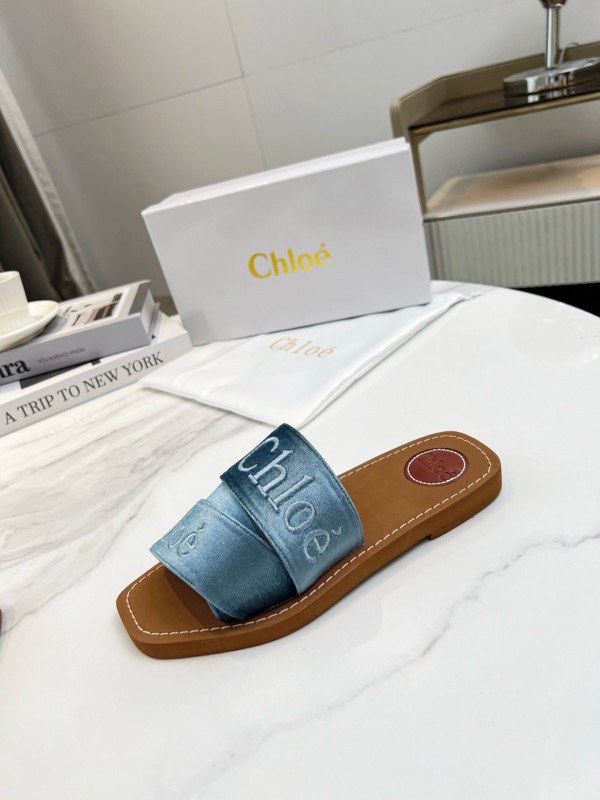 2025 Women Chloé Blue Denim Leather Slippers LY00200