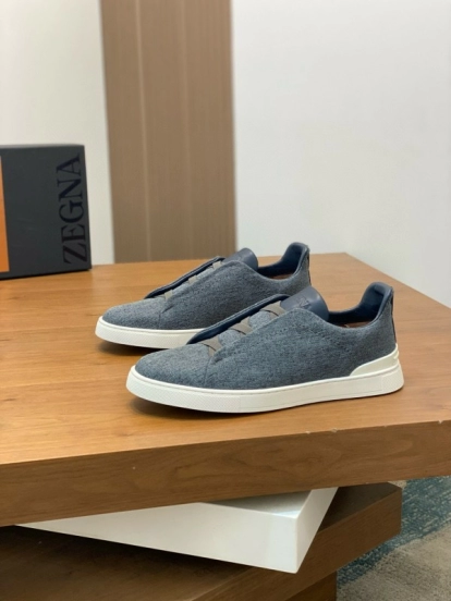 2024 Unisex Ermenegildo Zegna Grey Blue Pelletessuta Calfskin Sneakers Stretch Detail MJ00280