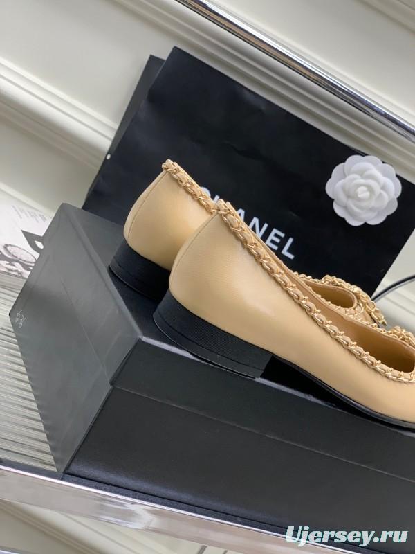 2025 Women Chanel Beige Black Leather Ballet Flats