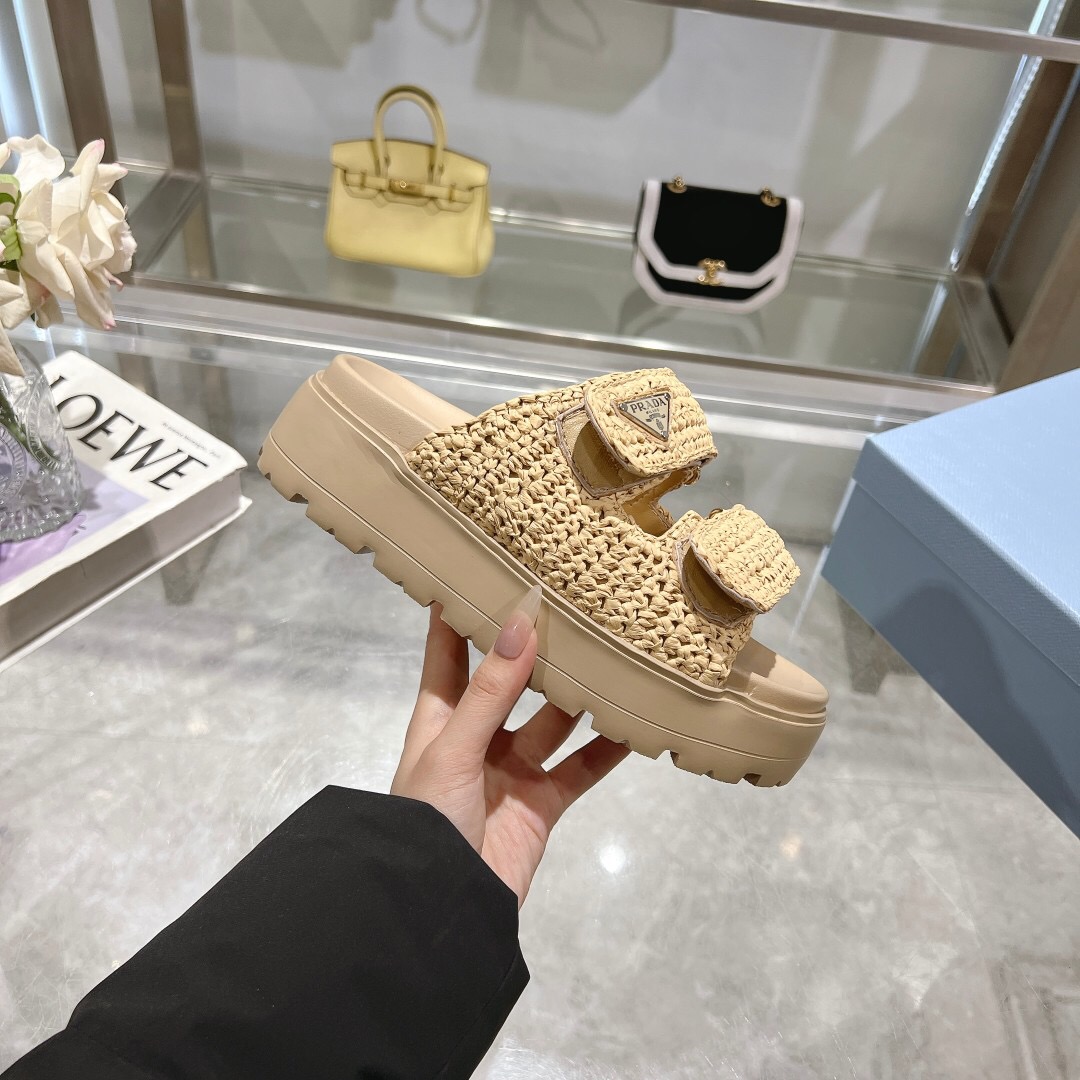 2025 Women Prada Beige Woven Leather Slippers LY