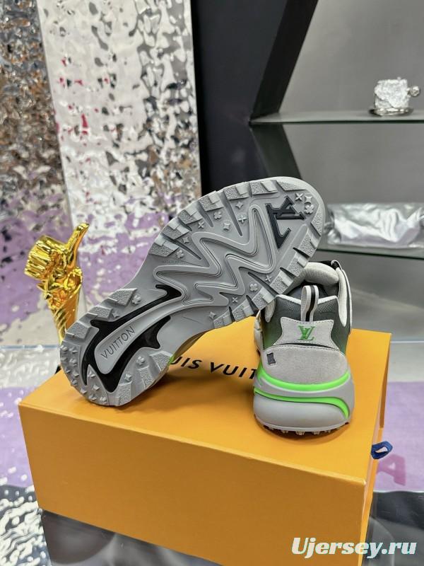 2025 Men Louis Vuitton Green Grey Mesh Leather Sneakers MJ00420