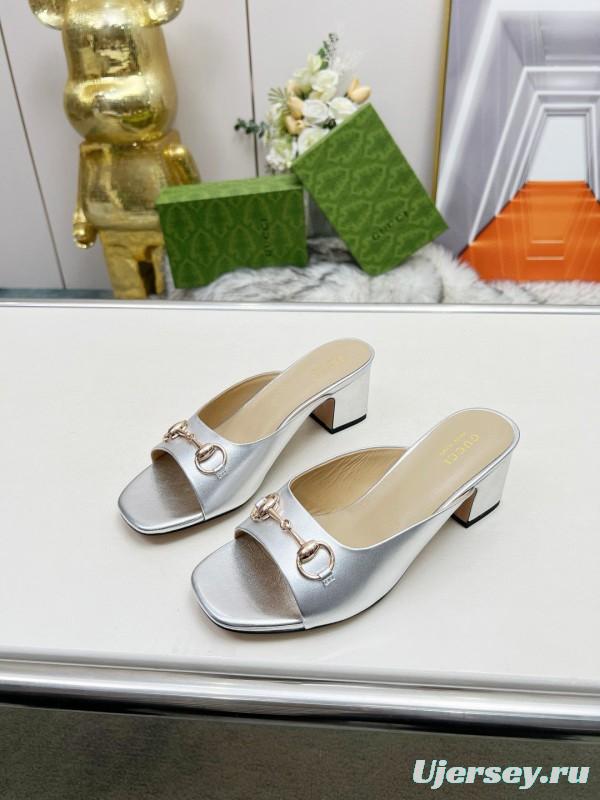 2025 Women Gucci Silver Leather Mules Horsebit MJ00180