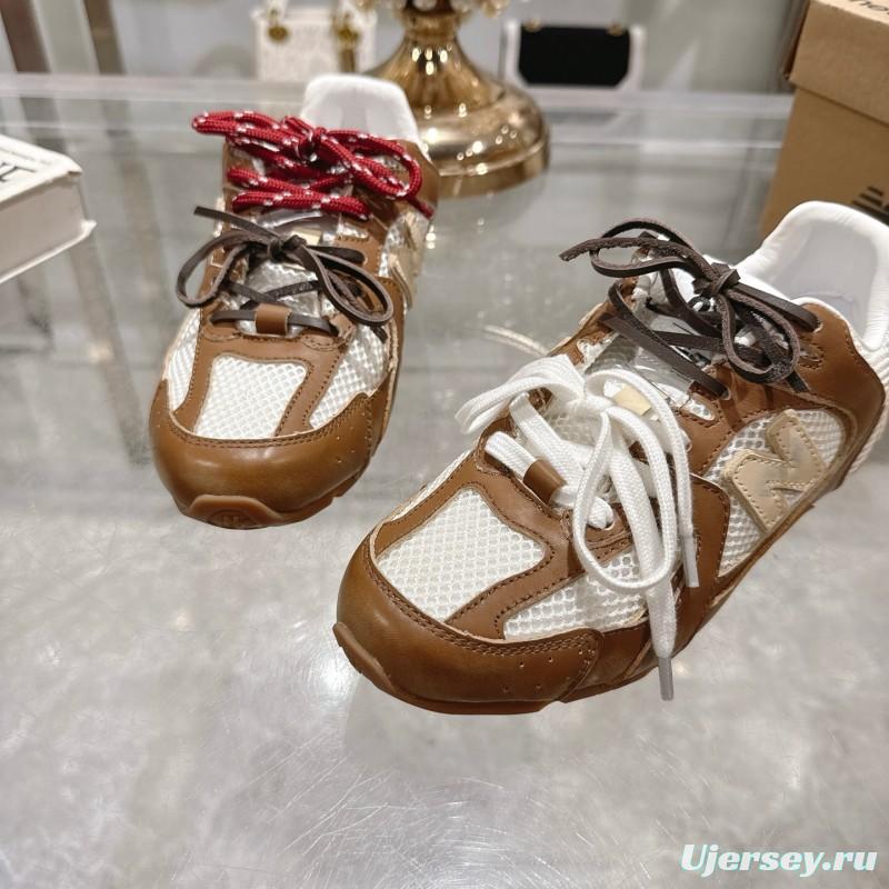 2025 Women Miumiu Brown White Leather Mesh Sneakers