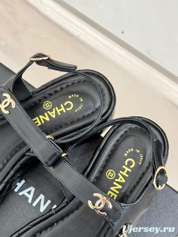 2025 Women Chanel Black Lambskin Platform Sandals Chain KFY00270