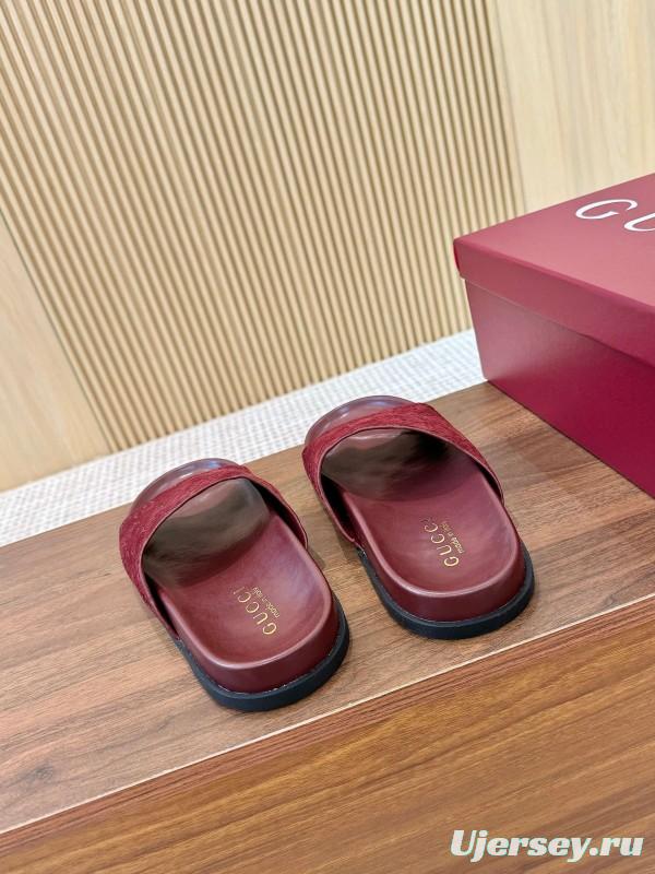2025 Women Gucci Red Suede Leather Slippers