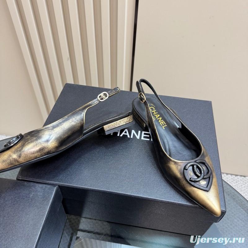 2025 Women Chanel Black Gold Satin Leather Sandals KFY00290