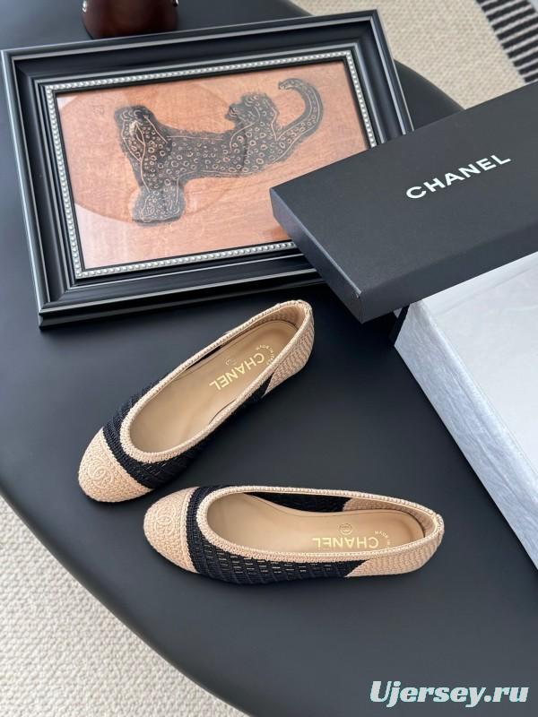 2025 Women Chanel Black Beige Knit Ballet Flats