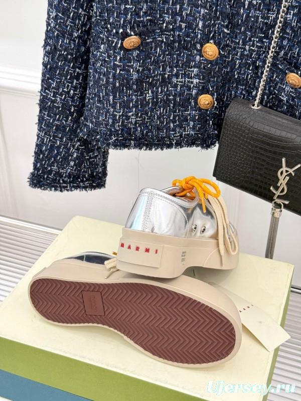 2025 Women Marni Silver Leather Thick Sole Retro Style Platform Sneakers LY00360(F)