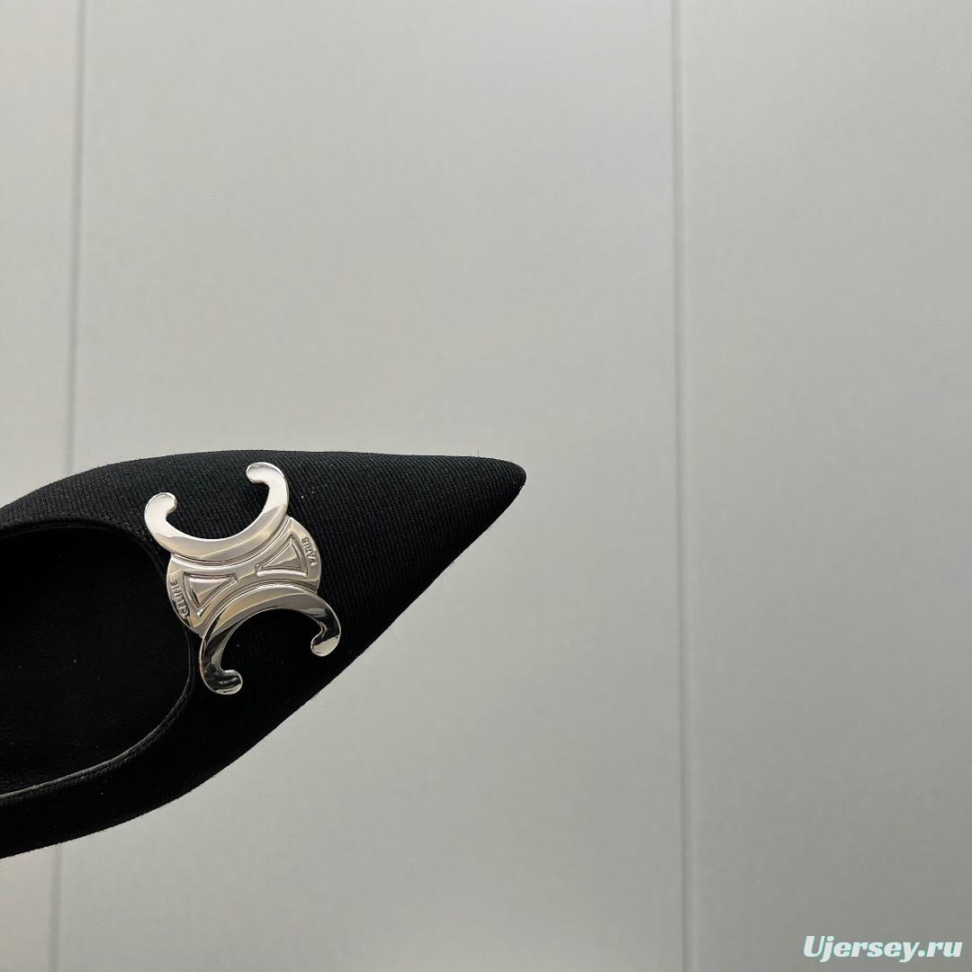 2025 Women Celine Black Fabric Pointed Toe Metal Buckle Pumps