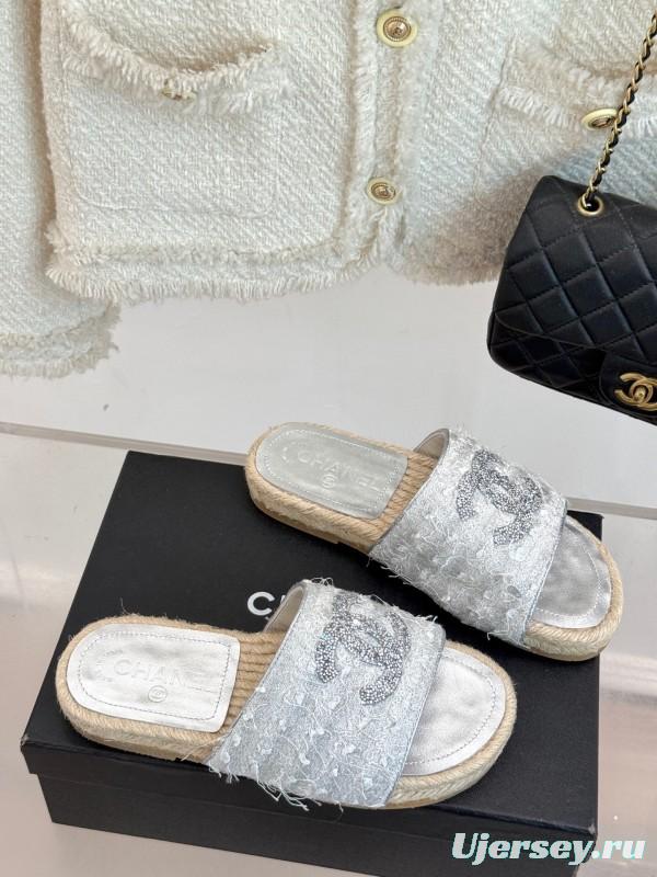 2025/Women Chanel White Lace Espadrille Slides Handmade Craft KFY00240(F)