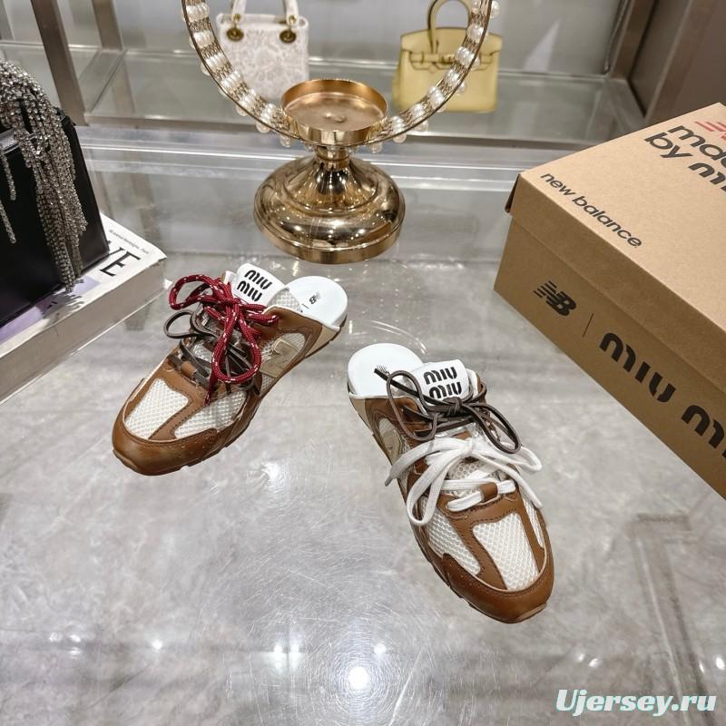 2025 Women Miumiu Brown White Leather Mesh Sneakers