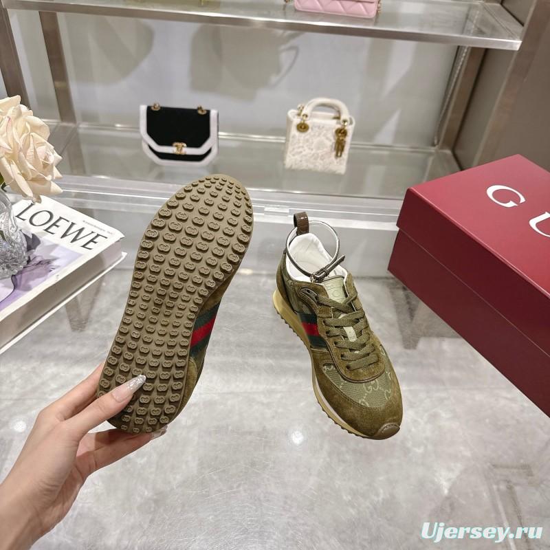 2025 Women Gucci Khaki Green Red Suede Mesh Sneakers LY00340