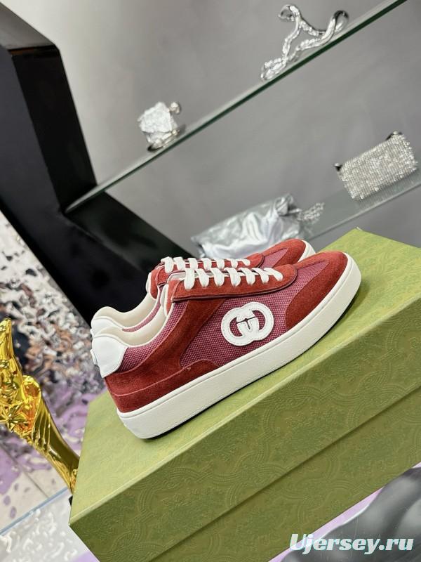 2024 Unisex Gucci Red Burgundy White Leather Suede Sneakers MJ00310