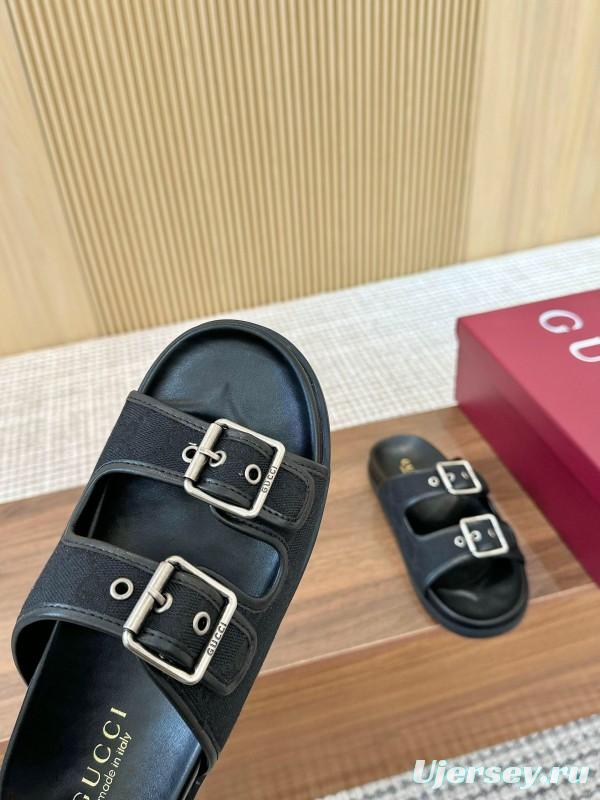 2025 Women Gucci Black Leather Slippers LY00240