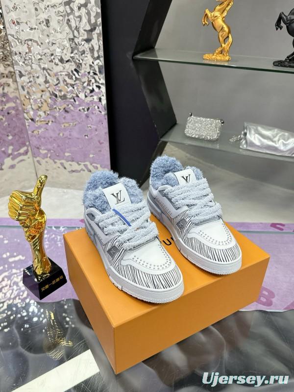 2024 Women Louis Vuitton White Grey Leather Fur Sneakers