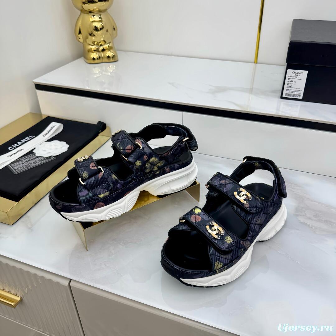 2025 Women Chanel Black Multicolor Fabric Leather Sandals LY00330