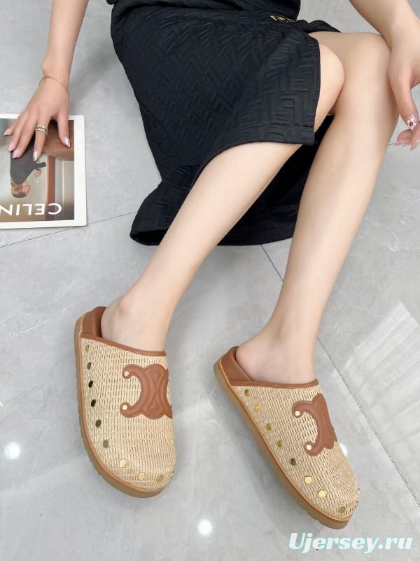 2025 CELINE Beige Leather Raffia Slippers LY00240