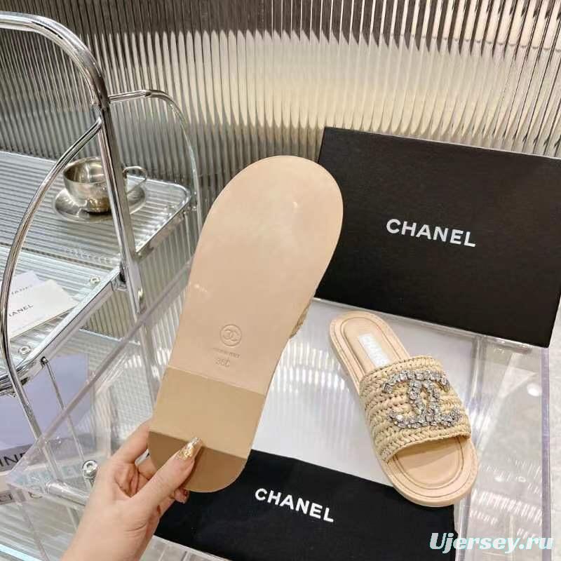 2025 Women Chanel Beige Raffia Crystal Slippers LY00270