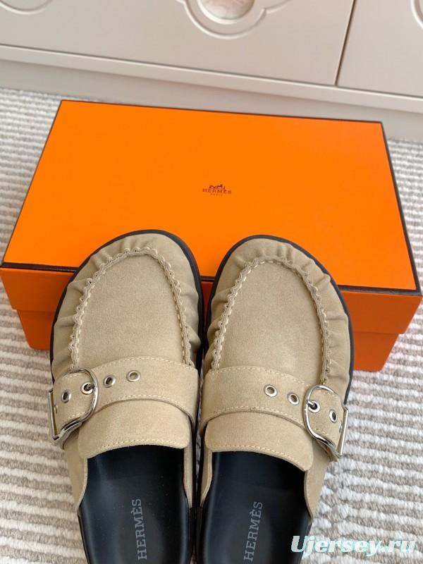 2025 Women Hermès Beige Suede Mule Loafers KFY00290