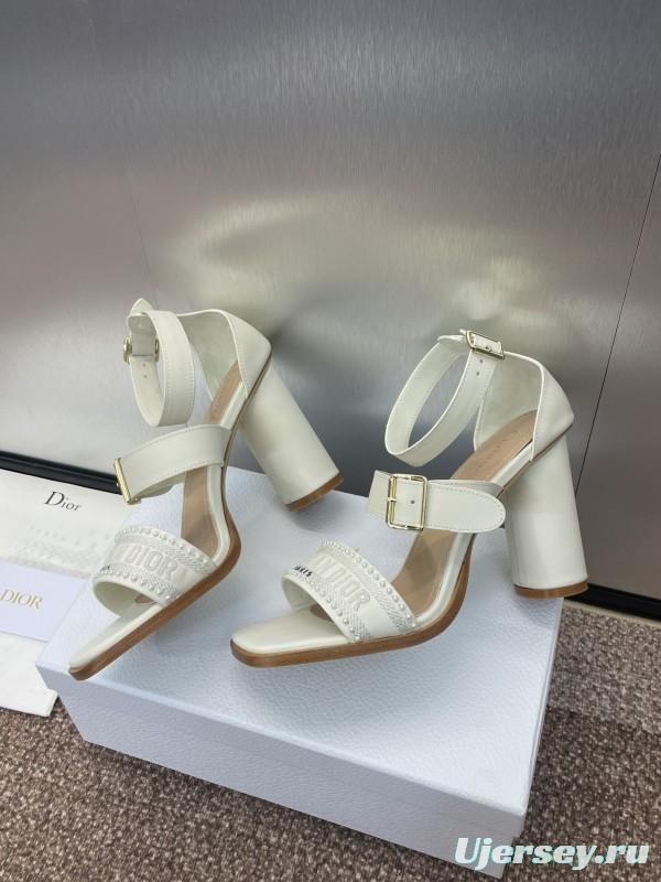 2025 Women Dior White Calfskin Leather Embroidered Sandals KFY00320
