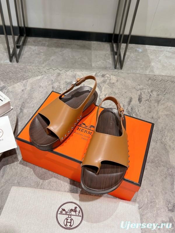 2025 Women Hermès Brown Leather Sandals KFY00250