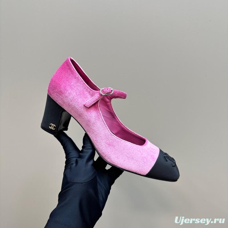 2025 Women Chanel Pink Black Velvet Mary Jane Shoes