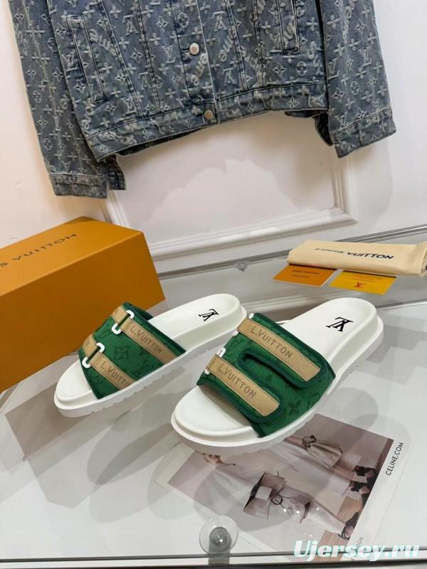 2025 Slippers Louis Vuitton Green White Canvas Slippers LY