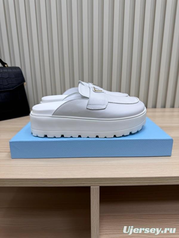 2025 Women Prada White Leather Slippers KFY00280