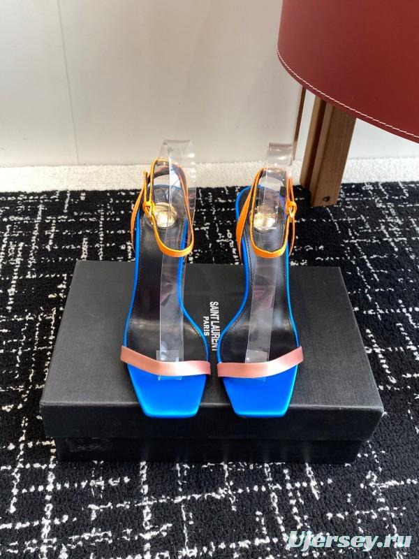 2025 Women Yves Saint Laurent Blue Orange Pink Leather Suede High Heel Sandals