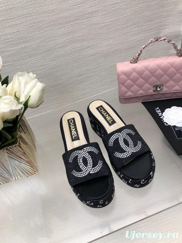 2025 Women Chanel Black Fabric Rhinestone Slippers LY00320