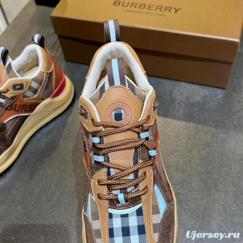 2025 Unisex Burberry Brown Beige Suede Leather Mesh Sneakers Checked Pattern MX00380