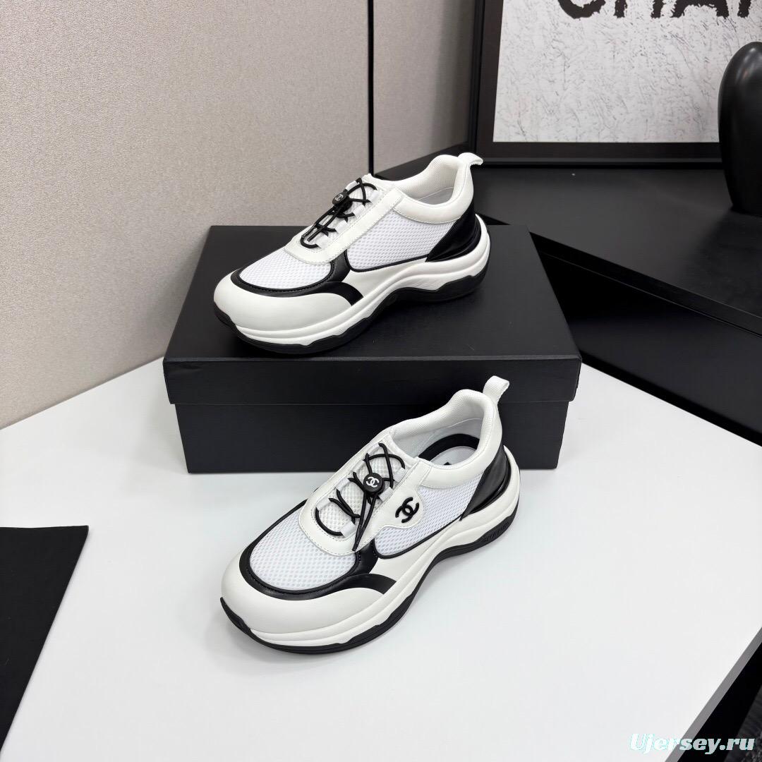 2025 Unisex Chanel White And Black Silk Leather Panda Sneakers With Embroidery Detail CHN2025