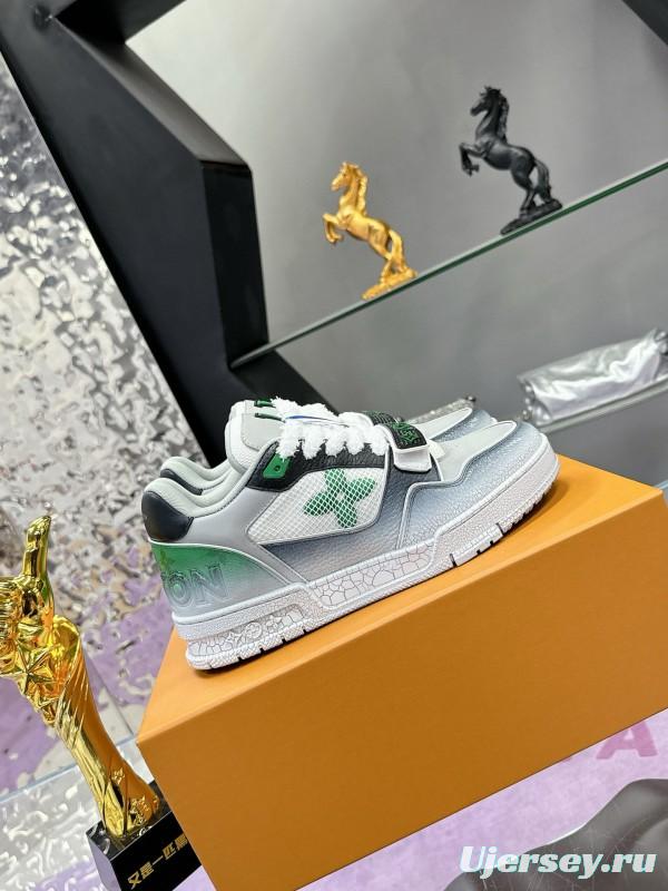 2024 Unisex Louis Vuitton Green White Leather Fabric Plimsolls Waxed Distressed Washed MJ00500