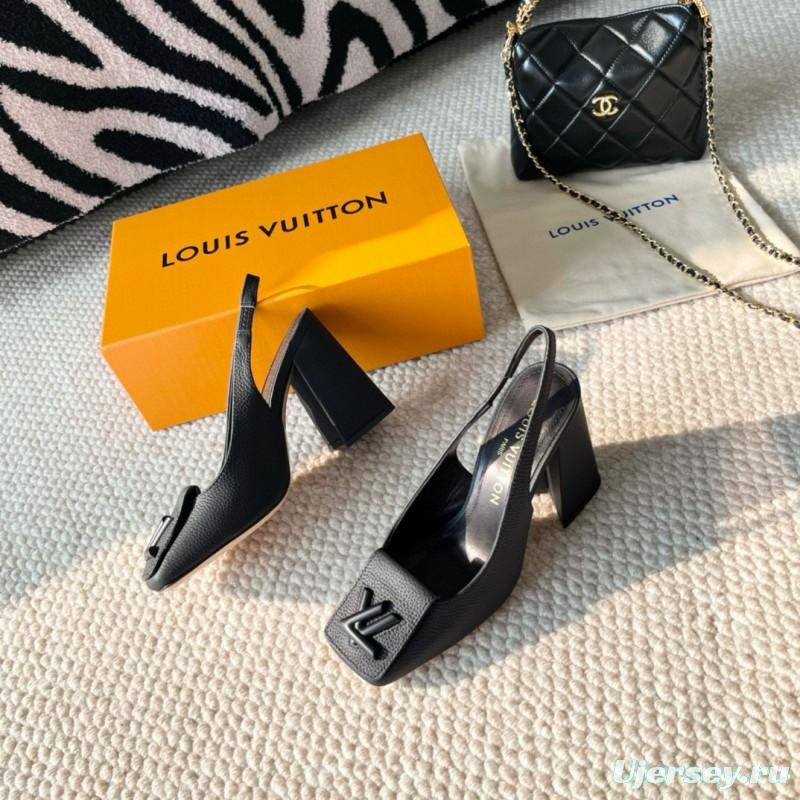2024 Women Louis Vuitton Black Leather Slingback Heels