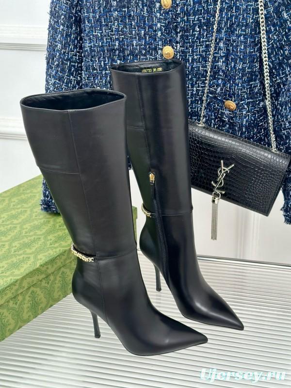 2024 Women Gucci Black Leather Boots Chain Detail MJ00550