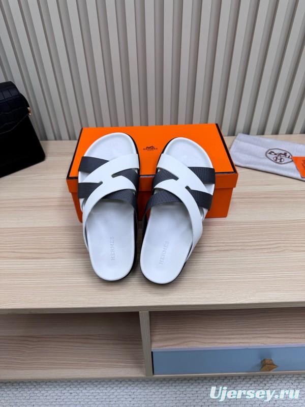 2025 Men Hermès White Black Leather Slippers