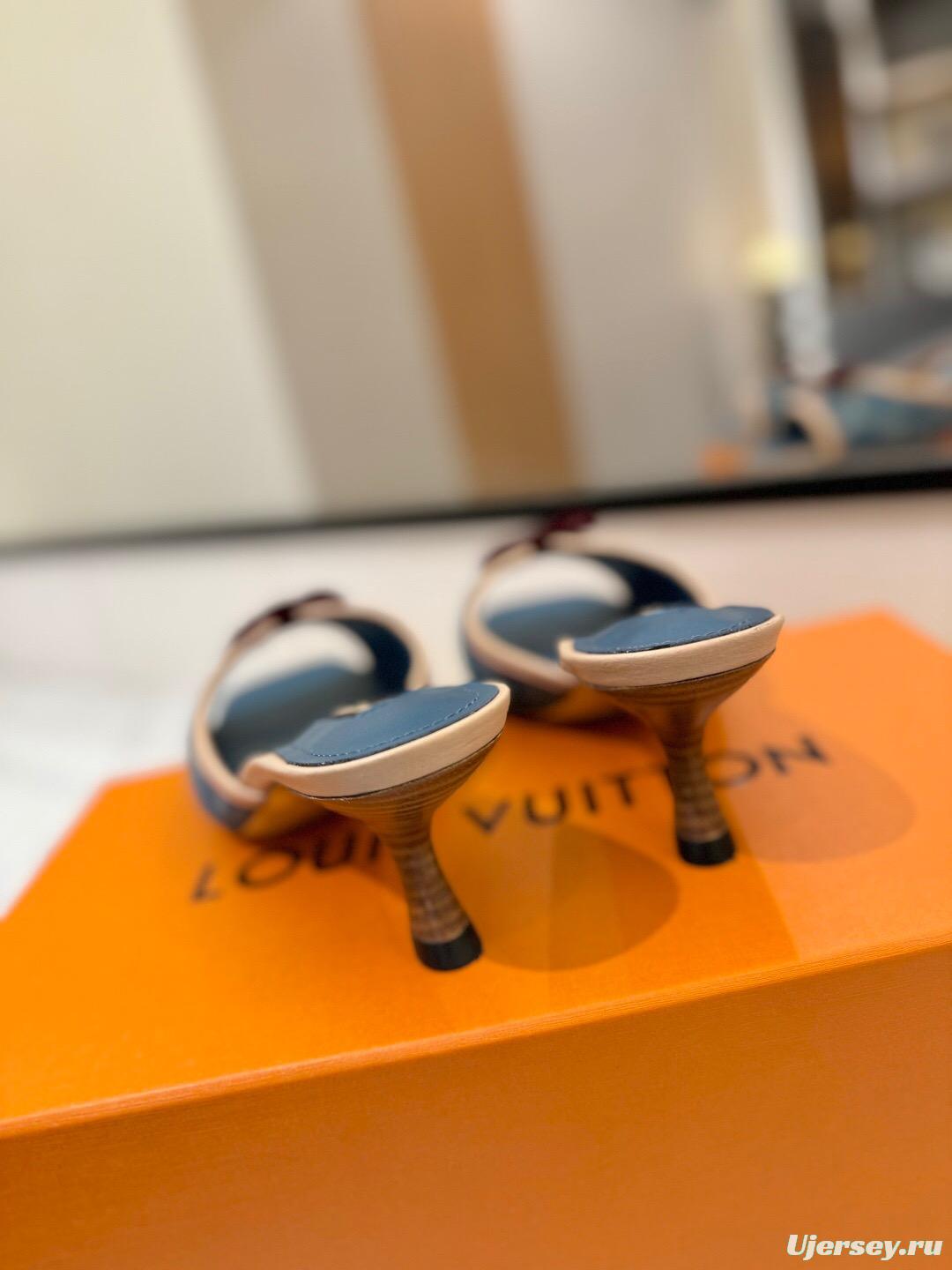 2025 Women Louis Vuitton Blue Denim Leather Sandals KFY00310